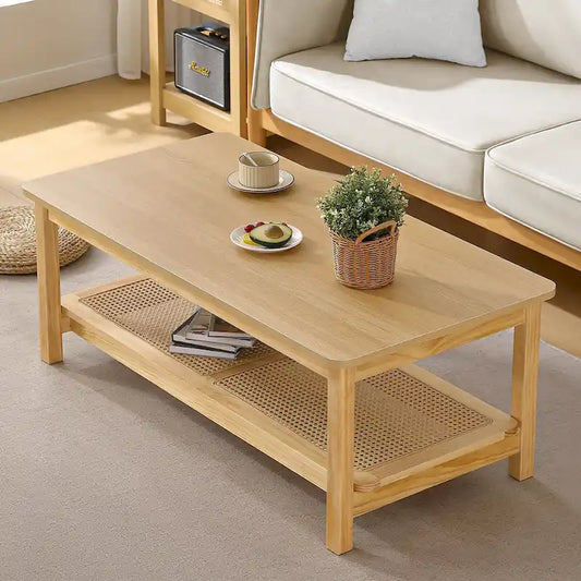 2-Tier Rectangular Coffee Table with Rattan Storage Shelf - 47.2 L x 23.6 W x 17.7 H