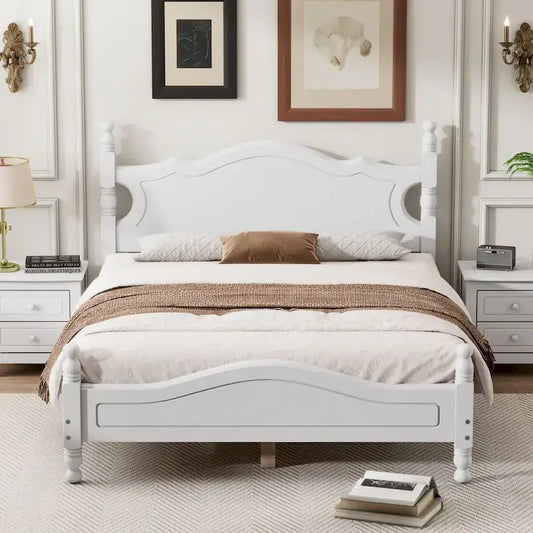 Full Size Wood Platform Bed Frame, Retro Style Upholstered Bed w/ Solid Wooden Slat Support, No Box Spring Needed, Easy Assembly