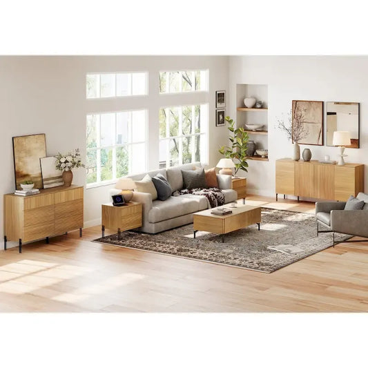 WAMPAT 4-Piece Bedroom Furniture Set, 47 Fluted 6 Drawer Dresser, 61 Buffet Sideboard, 2 Nightstand with Charging Station, Oak