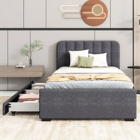 Twin Upholstered Platform Bed with Storage Drawers & USB Ports