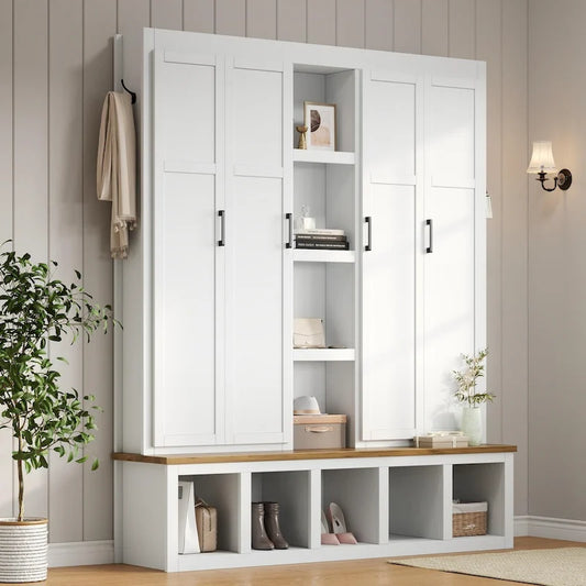 Farmhouse Hall Tree with Bench & 6 Hooks, 62.9 W Shoe Storage, Entryway Organizer for Mudroom, Living Room