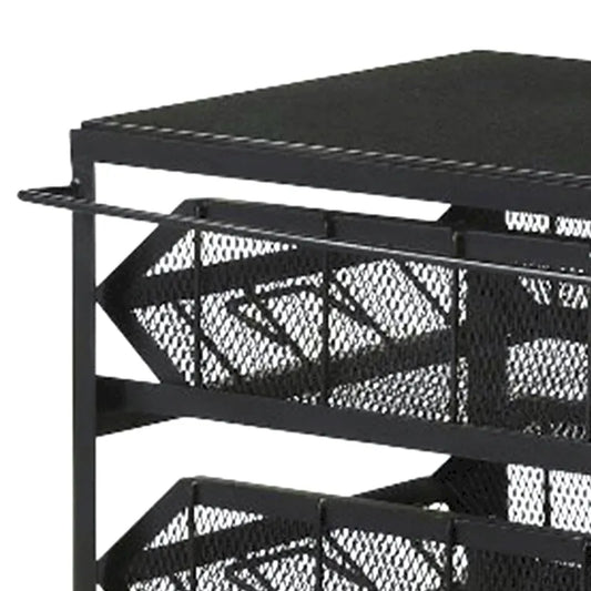 39 Inch Storage Cart, Lockable Caster Wheels, Wood Grain Details, Black