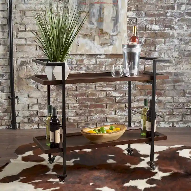 Rolling Bar Cart with Wood Look Shelving, Handle & Lockable Casters - Industrial Style Mobile Serving Cart with Wine Storage