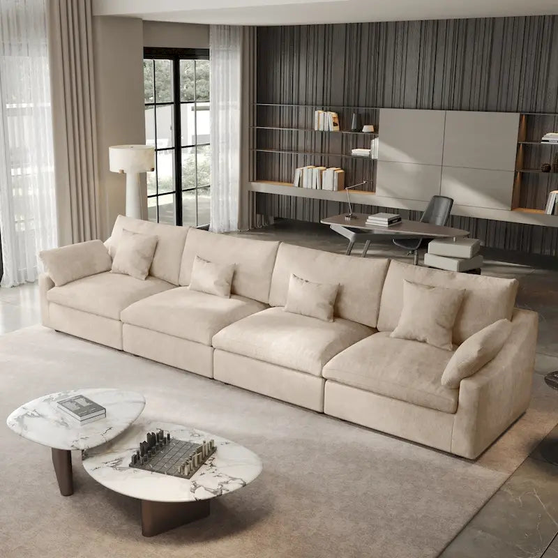 Classic Modern Linen Sectional Modular Sofa 4-Seater Down Filled Cloud Couch with Cushions
