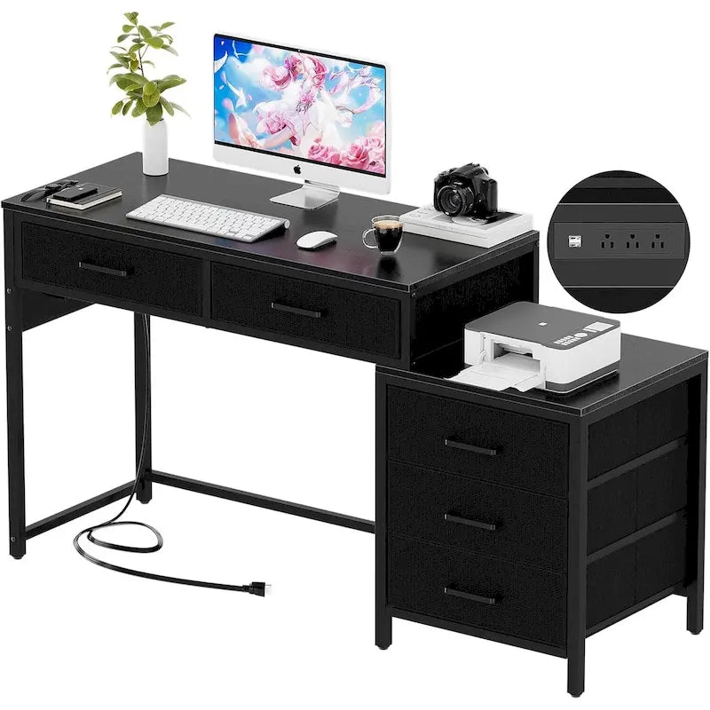 55 Computer Desk with 5 Fabric Drawers,Home Office Desk with Power Outlets Printer Stand