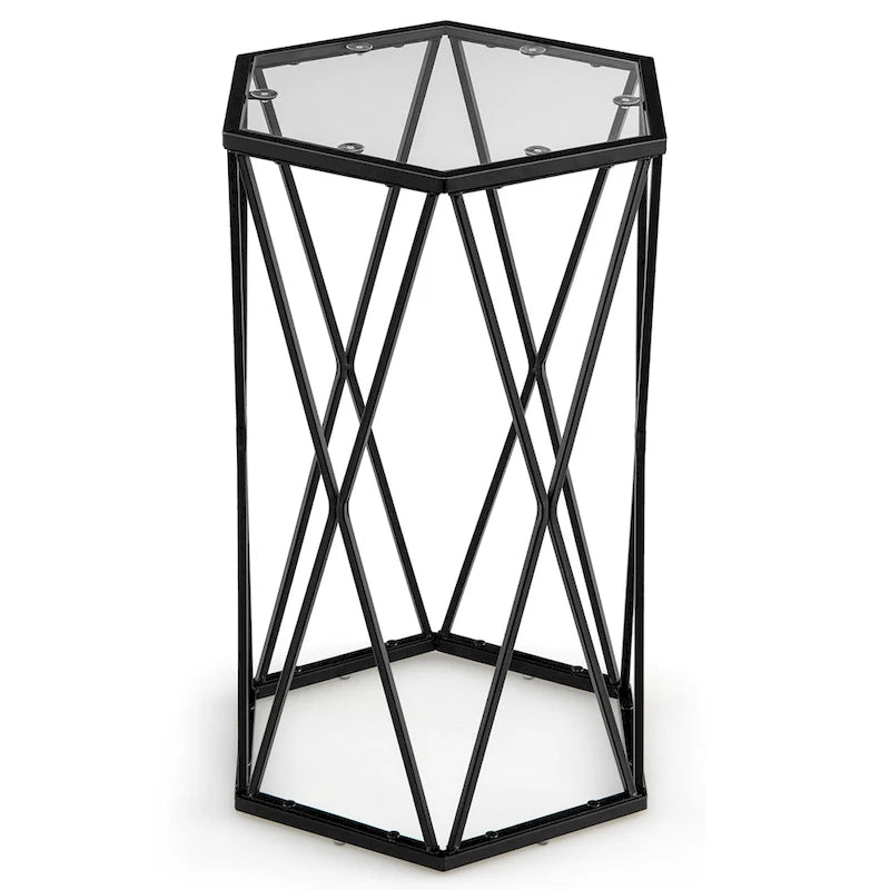 Costway End Table Tempered Glass Top Metal Frame Hexagonal Accent Side - 16 x 13.5 x 24