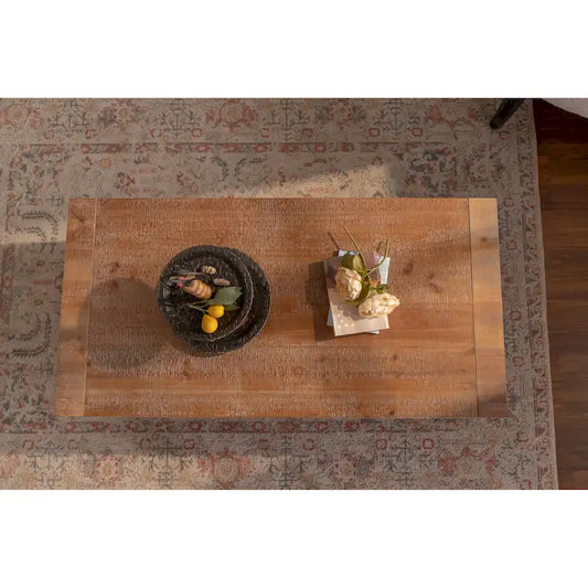 Rectangle Coffee Table with Solid Wood for Living Room, Large 2-Tier Rustic Coffee Table with Storage Shelf