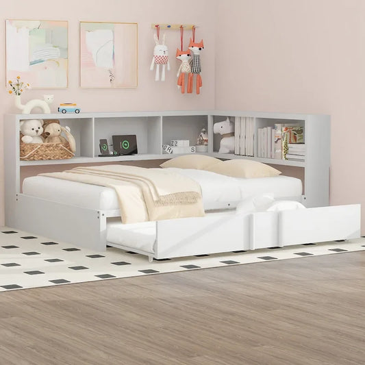 Full Size Metal Daybed with Trundle, Storage Cabinets, USB Ports