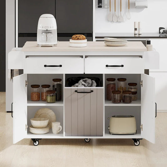 Kitchen Island with Trash Can Storage Cabinet, Rolling Kitchen Island on Wheels with Adjustable Shelf, Drop Leaf & Drawer