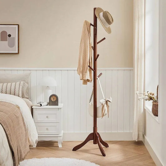 Solid Wood Modern Coat Rack, 8 Hooks, 53 lb Capacity, Adjustable 3-Section Design with Triangular Base
