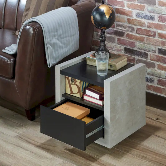 Industrial Side Table with Drawer - Black or Walnut - 18 Inch