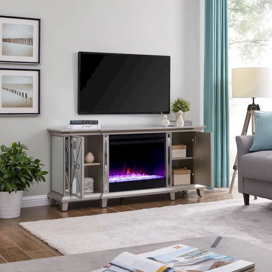 SEI Furniture Mirrored Media TV Stand with Color Changing Fireplace Insert for TV's up to 62