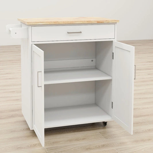 Rolling Kitchen Island Trolley Cart with Adjustable Shelves, Solid Wood Tabletop and Towel Rack