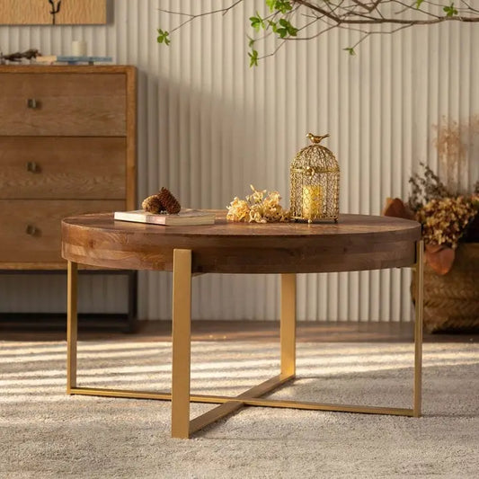 Modern Retro Splicing Round Coffee Table with Cross Legs