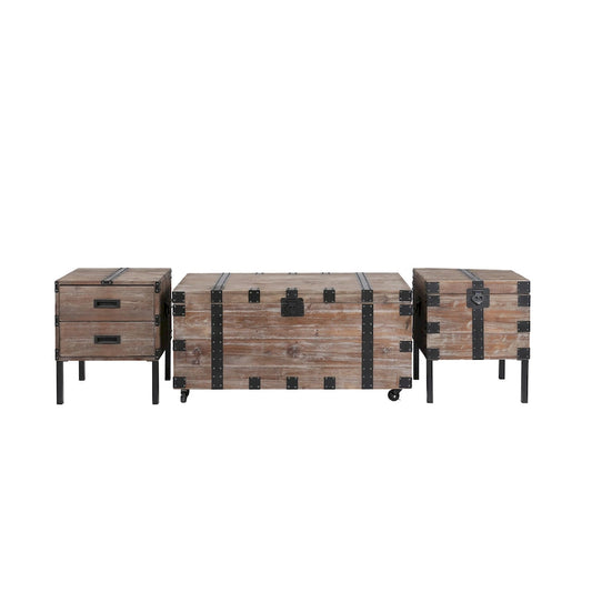 Antique Reclaimed Wood Gray Trunk and Side Table, Set of 3
