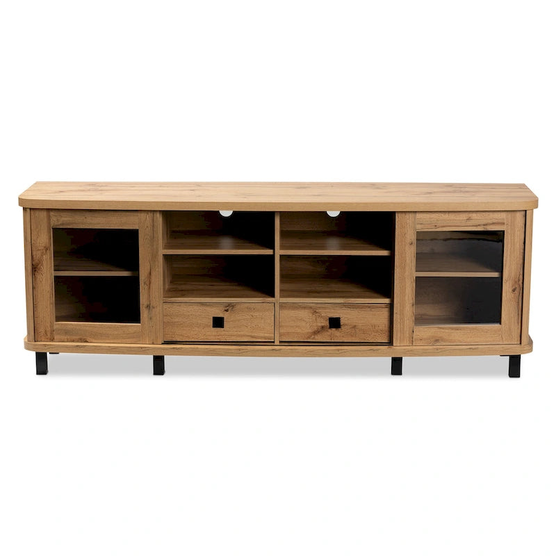 Oak Brown TV Stand with Glass Doors and 2 Drawers