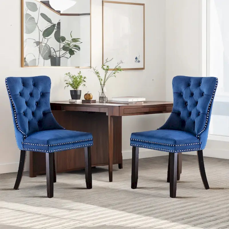 Set of 2 Velvet Dining Chairs,Tufted Solid Wood Armless Chairs Accent Chair with Nailhead Trim and Back Ring Pull - N/A