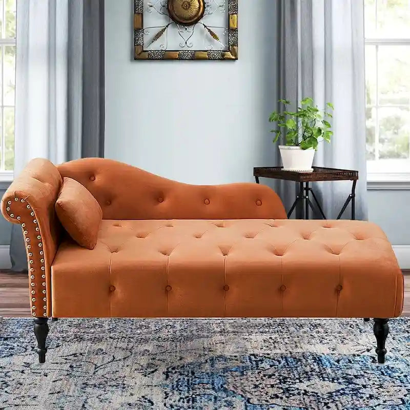 60 W Velvet Chaise Lounge, Tufted with Pillow & Nailhead Decorate - 60.6W x 27.5D x 28.3 H