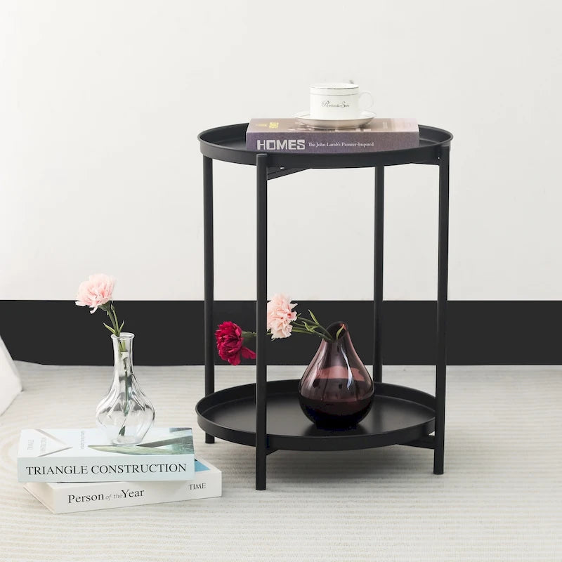Adeco Side Table 2-Tier Metal Round End Table with Removable Tray - 17.5 (D)x 17.5 (W)x 20.7 (H)