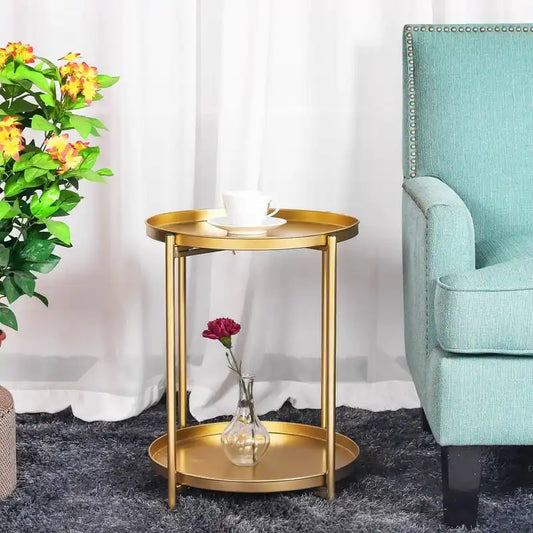 Adeco Side Table 2-Tier Metal Round End Table with Removable Tray - 17.5 (D)x 17.5 (W)x 20.7 (H)