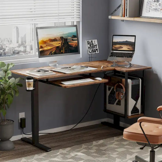 57 inch Electric Standing Desk Adjustable Height L Shaped Desk with Keyboard Tray and Host Shelf