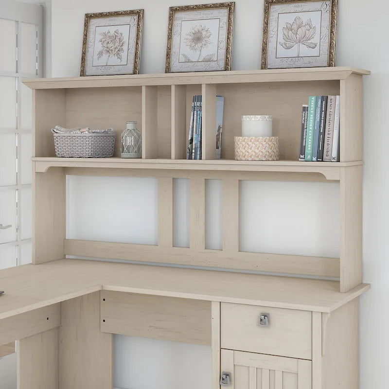 Bush Furniture Salinas Antique White Hutch for L-shaped Desk
