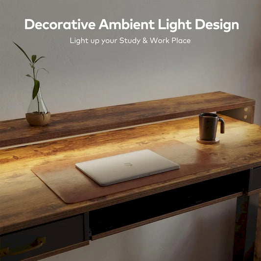 FEZIBO Height Adjustable Electric Standing Desk with Double Drawers&Keyboard Tray, Stand Up Desk with LED Strips