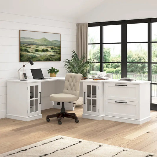 60W Computer Desk with Hutch - Glass Door Storage