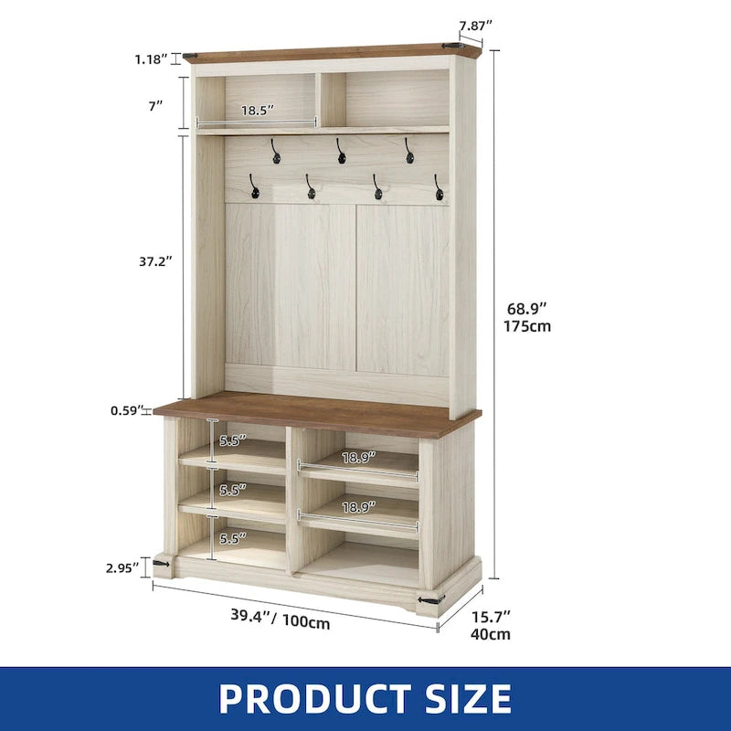 Moasis Hall Tree with Shoe Bench, Coat Rack Organizer for Entryway Hallway
