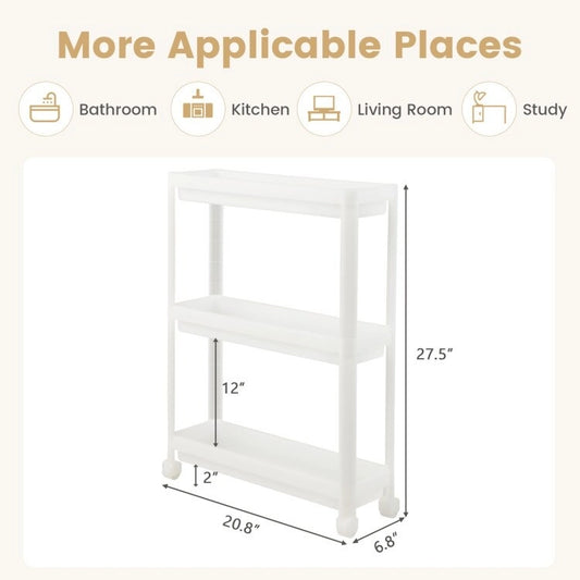2 Pieces 3-Tier Slim Detachable Storage Cart with Drainage Holes and Wheels-White - 20.8 x 6.8 x 27.5