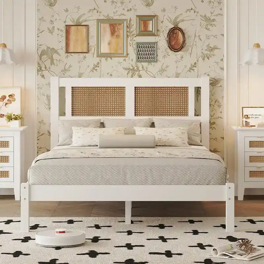 Full Size Wooden Platform Bed with Natural Rattan Headboard
