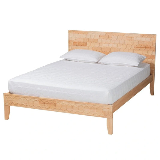 Natural Wood Queen Platform Bed with Honeycomb Headboard