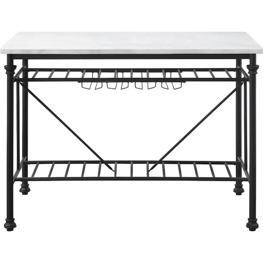 Kitchen Island with Marble Top and Slatted Shelf, Black and White