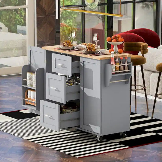 Rubberwood Kitchen Cart with Drop Leaf, Internal Storage Rack, Spice Rack, 2 Slide-Out Shelf, and 3 drawer
