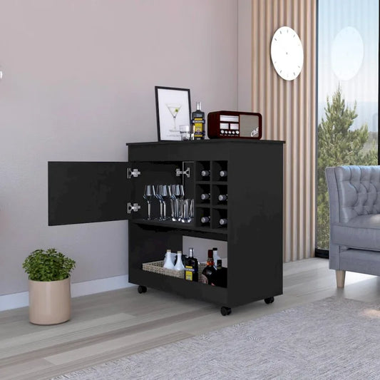 Bar Cart Aloha, Lower Panel, Six Bottle Cubbies, One Cabinet for Kitchen, Party and Living Room