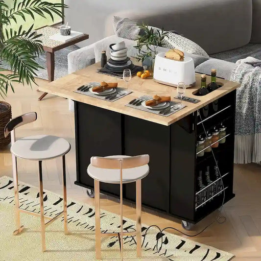 Multifunctional Kitchen Cart with Power Outlet, Open Storage and Wine Rack - 40 x 34 in.