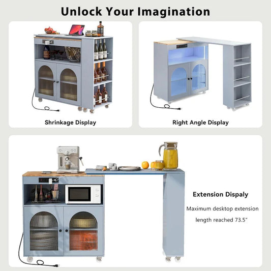 Rolling Kitchen Island with Movable Extended Table on Wheels,LED Lights Power Outlets & Fluted Doors,3 Open Adjustable Shelves