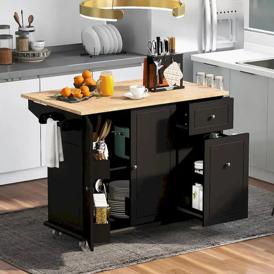 Kitchen Island with Drop Leaf, 53.9 Width Rolling Kitchen Cart on Wheels with Internal Storage Rack