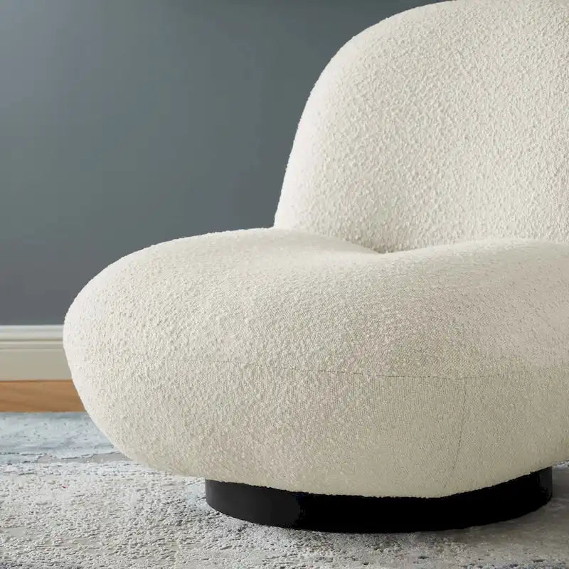 Beige Boucle Swivel Accent Chair with Black Base