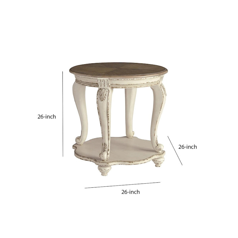 Round Wooden End Table with Open Bottom Shelf, Brown and Antique White