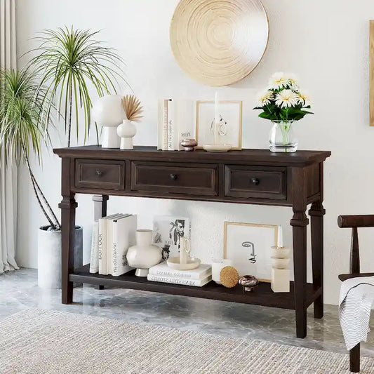Classic Console Table with 3 Top Drawers and Open Style Bottom Shelf