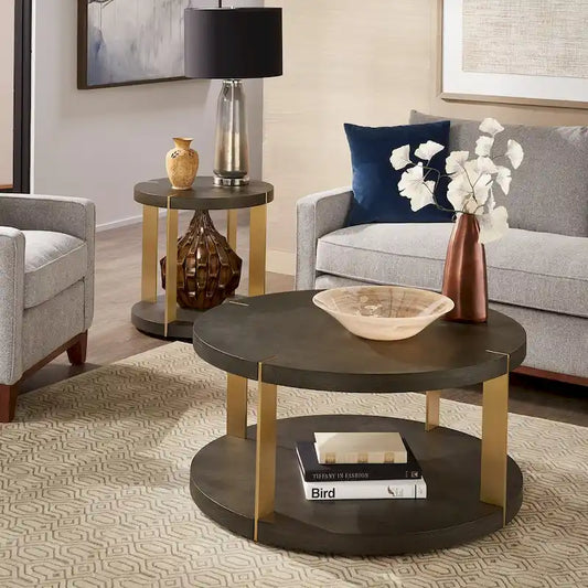 Gold Metal Dark Brown Faux Shagreen Round Table