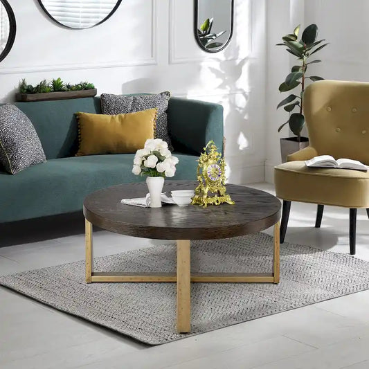 36 inch Rustic Round Wood Coffee Table Hammered Cross Legs Gold Finish Metal for Living Room - D36 X H16