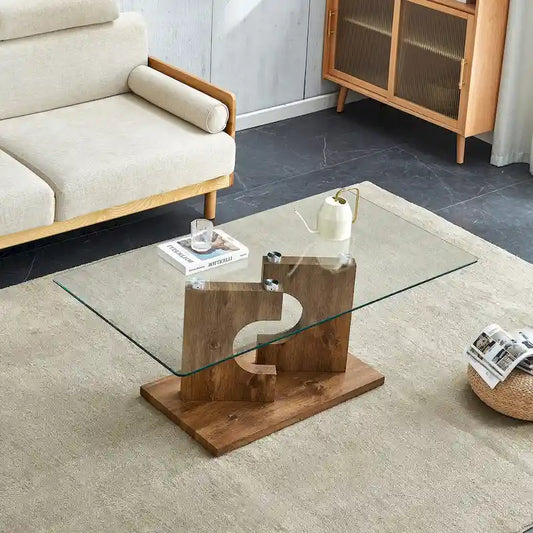 A rectangular modern coffee table with tempered glass tabletop and wooden color MDF legs. Suitable for living room.