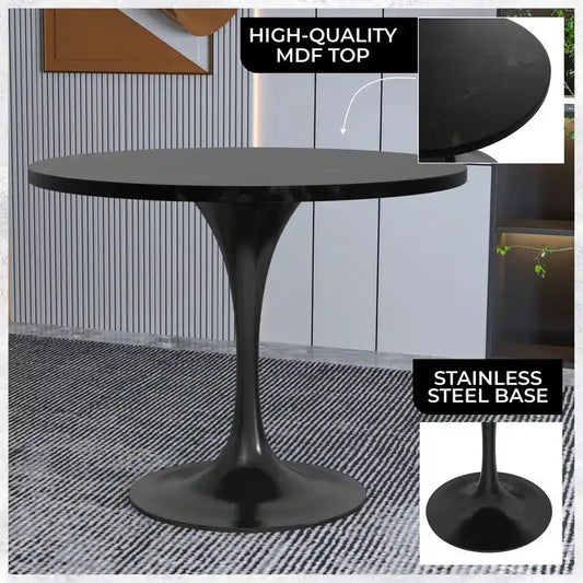 LeisureMod Verve 36 Round Dining Table with MDF Wood TableTop and Black Steel Base for Kitchen & Dining Room