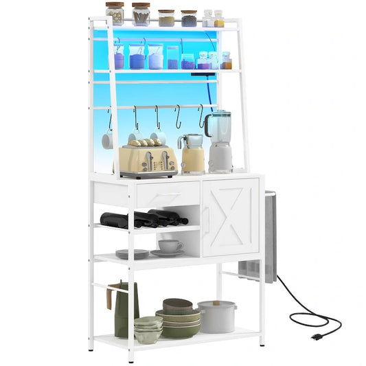 HOMCOM Baker's Rack with Power Outlet and LED Lights, Coffee Bar with Storage Shelves, Industrial Microwave Stand