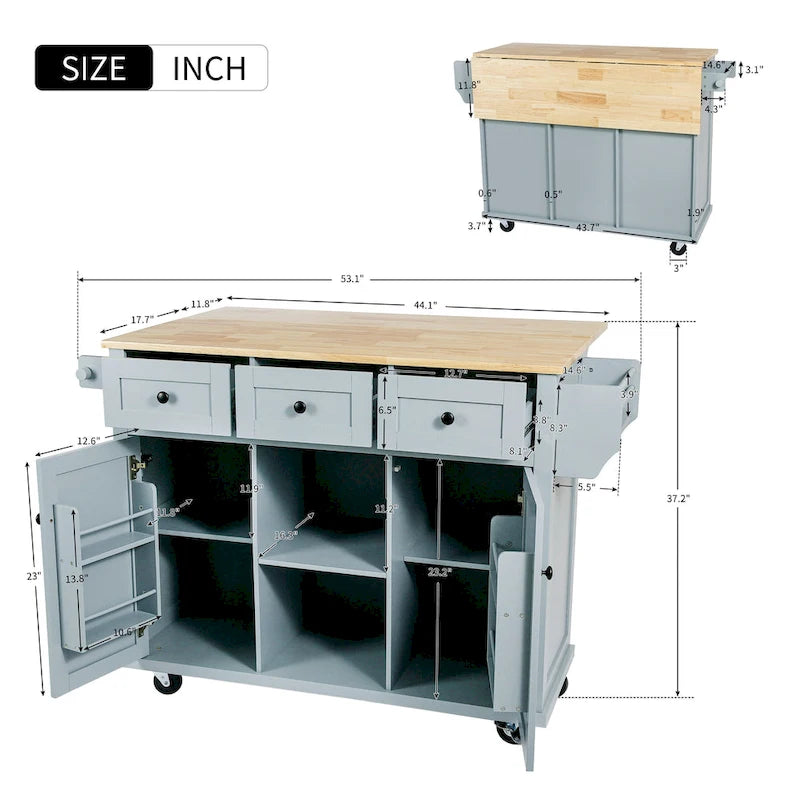 Oaks Aura 5-wheel White Kitchen Cart, Rubberwood Drop-Leaf Countertop, Internal storage racks, 3-drawer Storage Cabinet