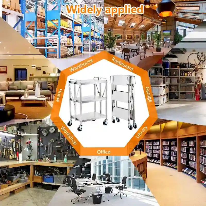 Foldable Utility Silver 3-Tier Service Cart with Wheels Lockable - N/A