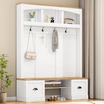 Farmhouse Hall Tree with Wood Grain Bench, Hooks and Bottom Cabinets