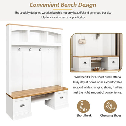 Farmhouse Hall Tree with Wood Grain Bench, Hooks and Bottom Cabinets
